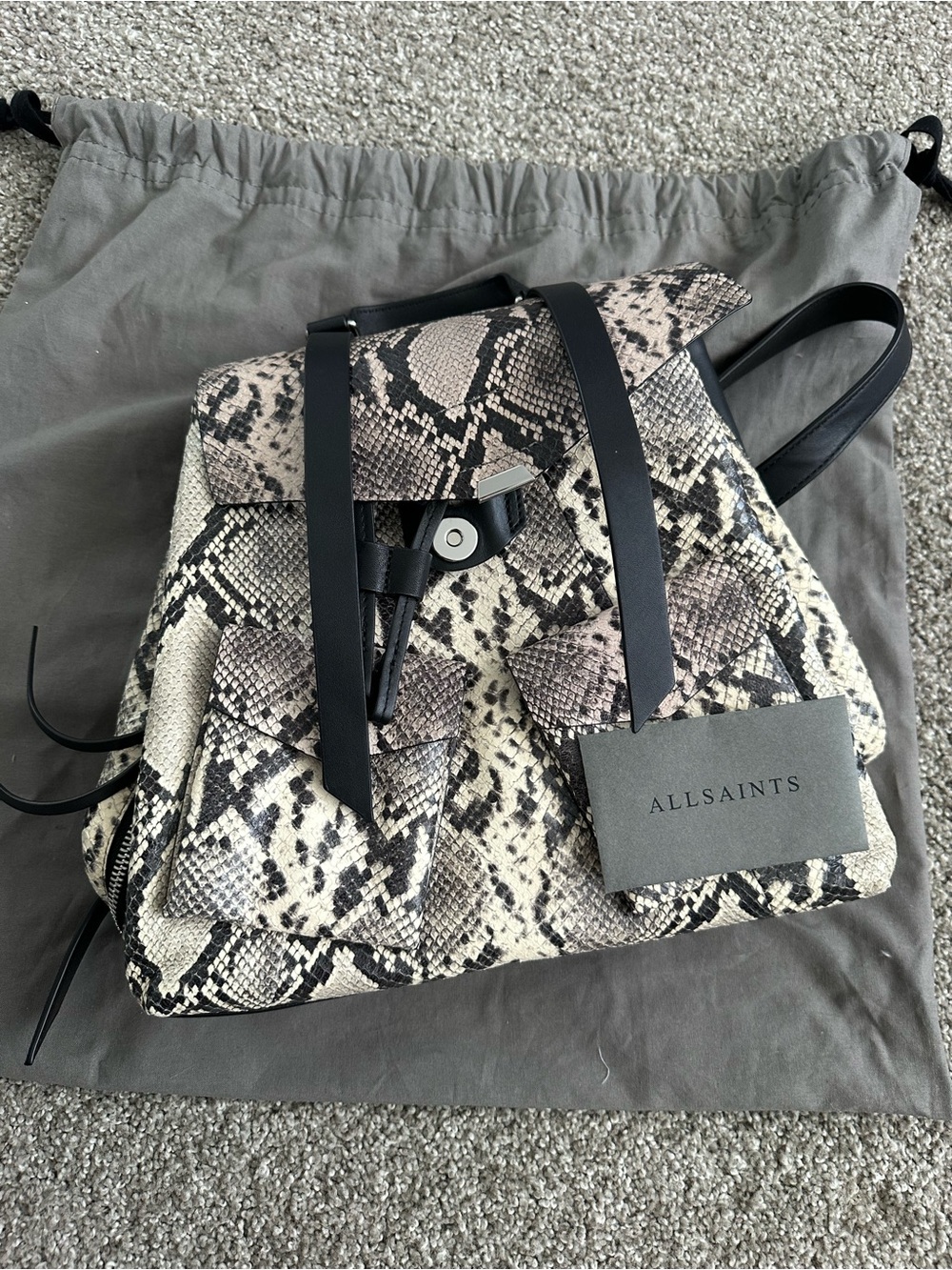 AllSaints Snake-Print Backpack in Cream and Black